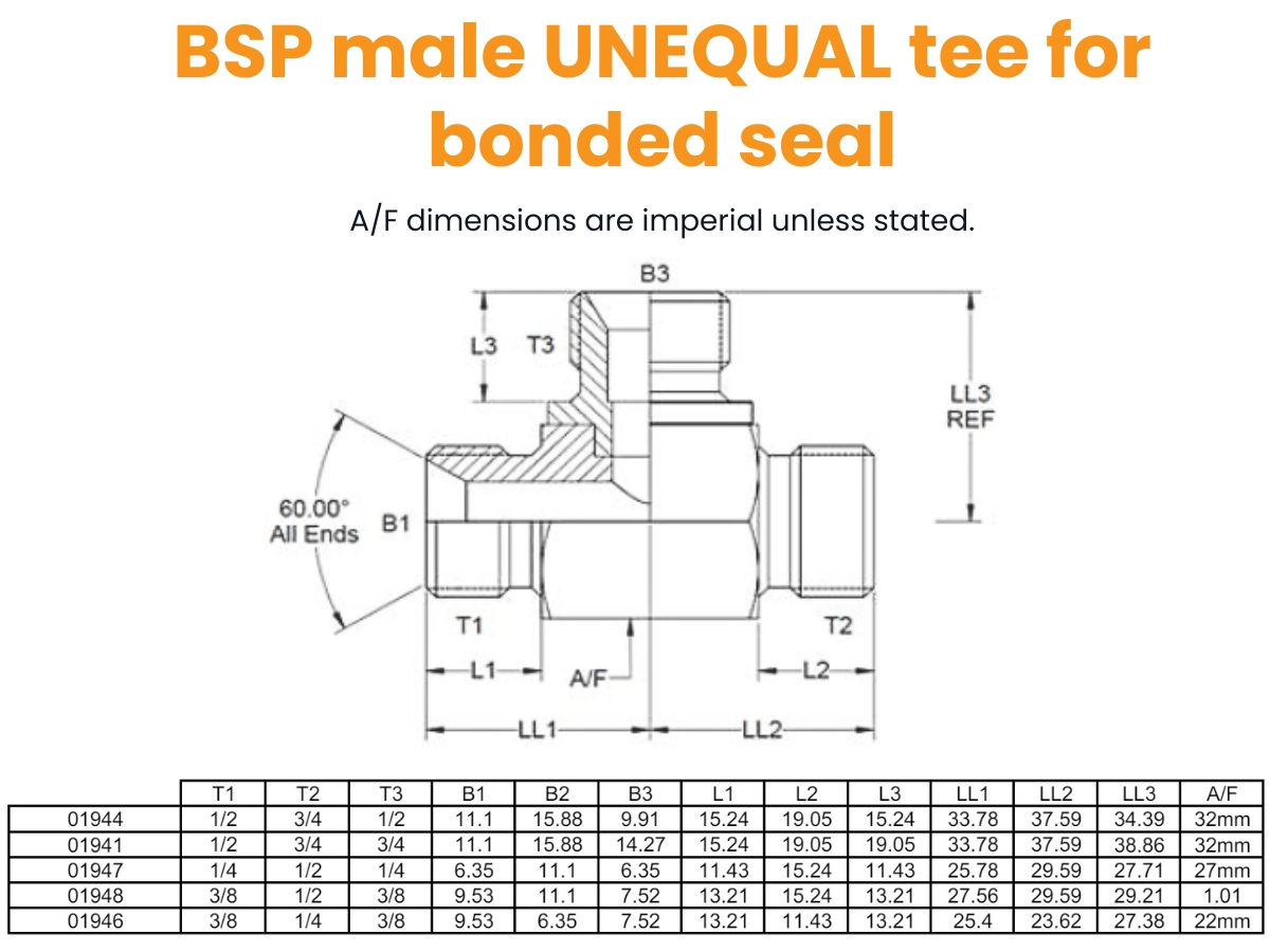 1/2 BSP x 3/4 BSP x 1/2 BSP M/M/M Tee For Bonded Seal On Branch Hydraulic Adaptor